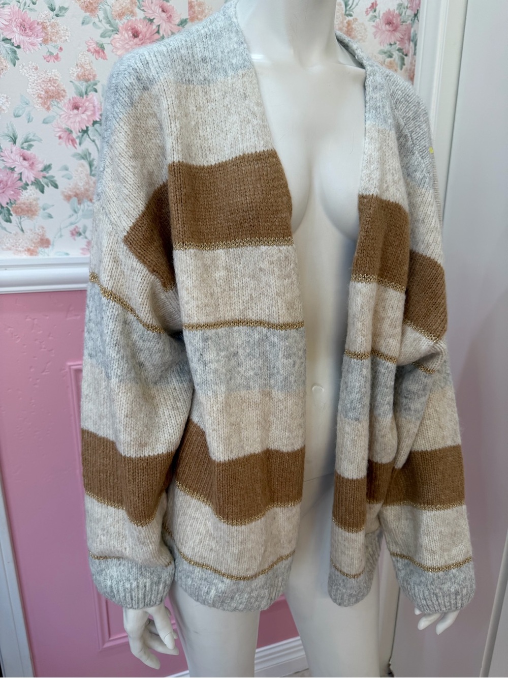 Halogen Striped Open-Front Cardigan in Cream, Gray & Brown